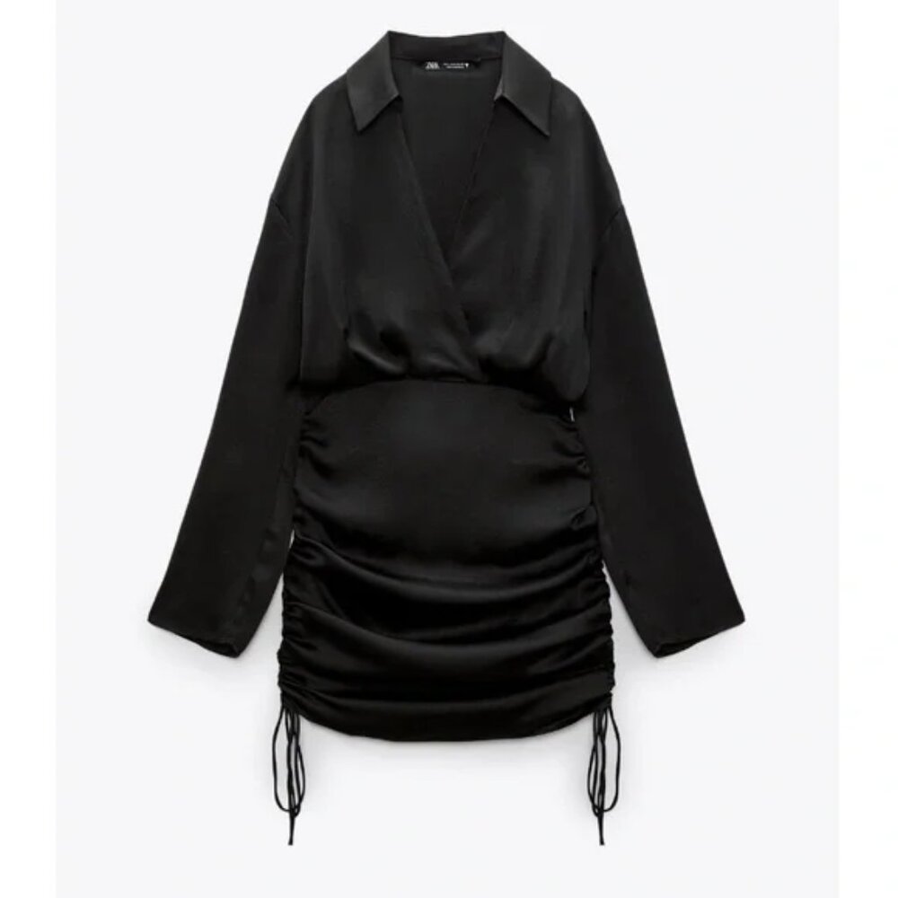 Zara Short Satin Effect Ruched Drawstring Mini Dress Blogger‎ Favorite Black